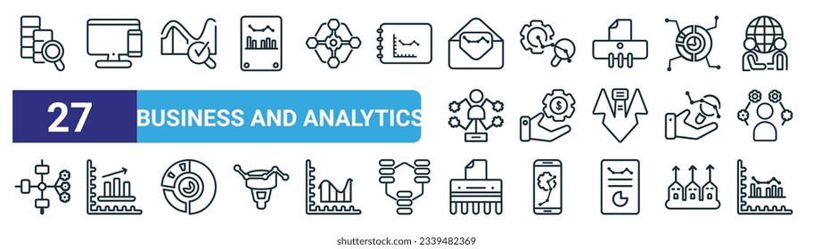 set of 27 outline web business and analytics icons such as database analysing, gadget, search analytics, sine waves analysis, revenue, increasing stocks, shredder, bars chart analysis vector thin