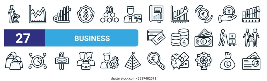 set of 27 outline web business icons such as man succesing, spike chart, increase rate, finances stats bars graphic with up arrow, pounds coins stack, pie chart and connections, euro under