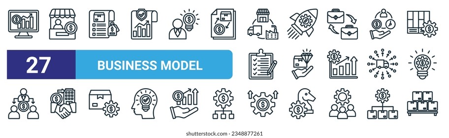 set of 27 outline web business model icons such as trading, reseller, pricing, start up, value, acquisition, development, logistics vector thin line icons for web design, mobile app. svg