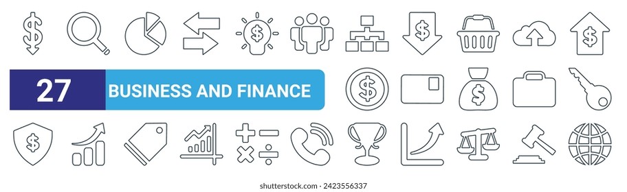set of 27 outline web business and finance icons such as dollar, search, pie chart, dollar, id card, increase, trophy, internet vector thin line icons for web design, mobile app.