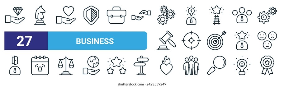 set of 27 outline web business icons such as core value, strategy, compassion, creativity, focus, event, passion, quality vector thin line icons for web design, mobile app.