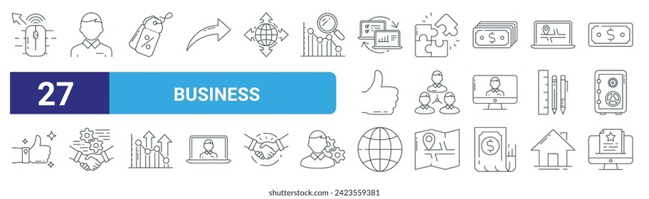 set of 27 outline web business icons such as mouse, people, discount, puzzle, relations, handshake, internet, document vector thin line icons for web design, mobile app.