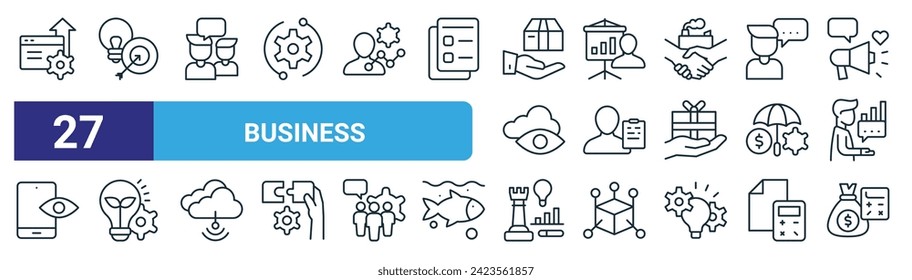 set of 27 outline web business icons such as development, target, people, presentation, plan, light bulb, strategy, money vector thin line icons for web design, mobile app.