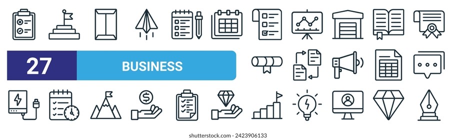 set of 27 outline web business icons such as clipboard, stairs, dossier, business presentation, data transfer, time and date, stairs, pen tool vector thin line icons for web design, mobile app.