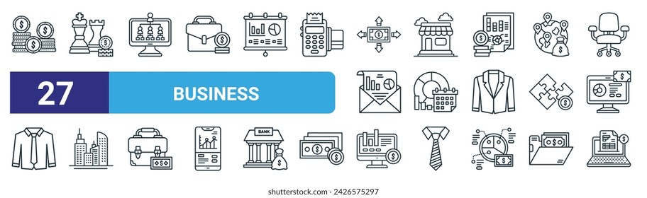 set of 27 outline web business icons such as coin, strategy, hierarchy, shop, business, office building, marketing, online report vector thin line icons for web design, mobile app.
