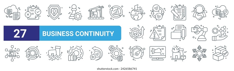 set of 27 outline web business continuity icons such as redundancy, testing, security, communication, risk, monitoring, scalability, availability vector thin line icons for web design, mobile app.