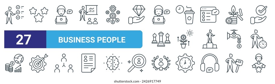 set of 27 outline web business people icons such as candidate, excellence, employee, coffee break, sustainable, target, best employee, experience vector thin line icons for web design, mobile app.