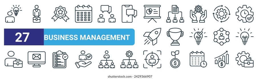 set of 27 outline web business management icons such as idea, businessman, award, delegate, trophy, email, focus, business vector thin line icons for web design, mobile app.