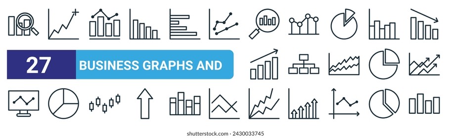 set of 27 outline web business graphs and icons such as analysis, line graph, diagram, line graph, flow chart, pie chart, line graph, bar chart vector thin icons for web design, mobile app.