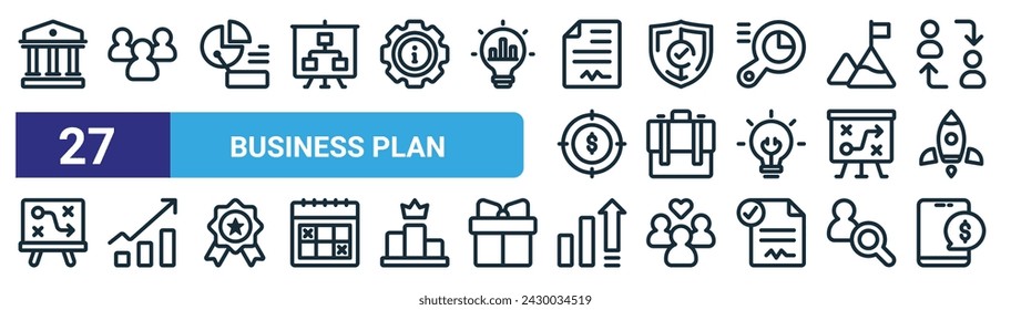 conjunto de 27 iconos de plan de negocios web esquemáticos como banco, equipo, análisis de datos, seguridad, experiencia laboral, gráfico de crecimiento, ganancias, vector de pago en línea delgada iconos para diseño web, aplicación móvil.