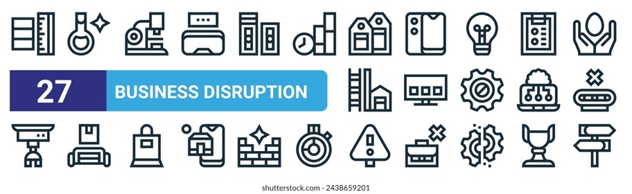 set of 27 outline web business disruption icons such as big data, experiment, research, smartphone, streaming, logistics, risk, opportunity vector thin line icons for web design, mobile app.