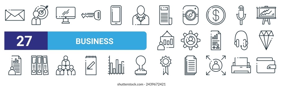 set of 27 outline web business icons such as mail inbox, focus on results, monitor screen, photo, tings notification, book arrangement, award variant, wallet passes app vector thin line icons for
