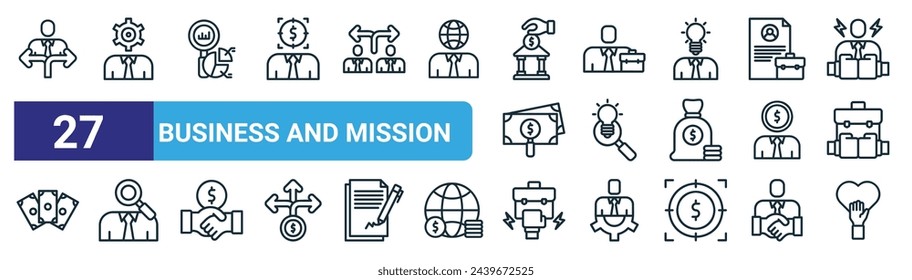 Set von 27 Skizzen Web Business und Mission Icons wie Entscheidungsfindung, Business Thinking, Bericht, Berufserfahrung, Idee, Rekrutierung, Wettbewerb, Freiwillige Vektor Thin Line Icons für Web Design,