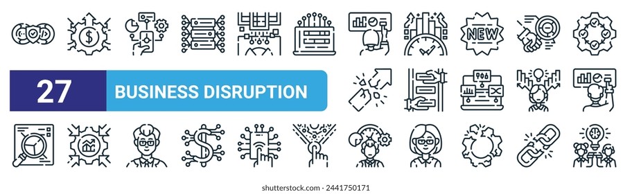 set of 27 outline web business disruption icons such as devops, business, mobility, time to market, integration, impact, flexible, idea vector thin line icons for web design, mobile app.