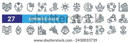 set of 27 outline web business value icons such as acquisition, vip, growth mind, reliability, ethics, empowerment, benefit, competitive vector thin line icons for web design, mobile app.
