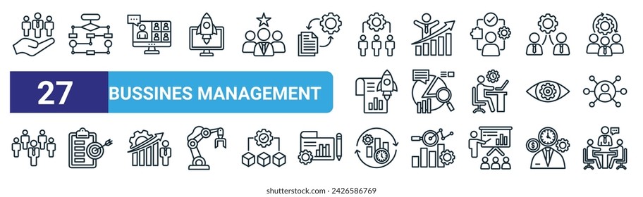 set of 27 outline web bussines management icons such as employee, flow chart, online meeting, success, analytics, target, efficiency, business meeting vector thin line icons for web design, mobile