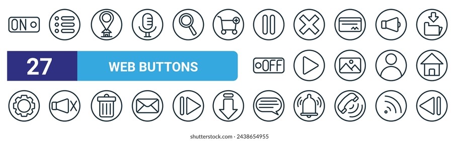 set of 27 outline web web buttons icons such as on, menu, location, cancel, play, mute, comment, previous vector thin line icons for web design, mobile app.