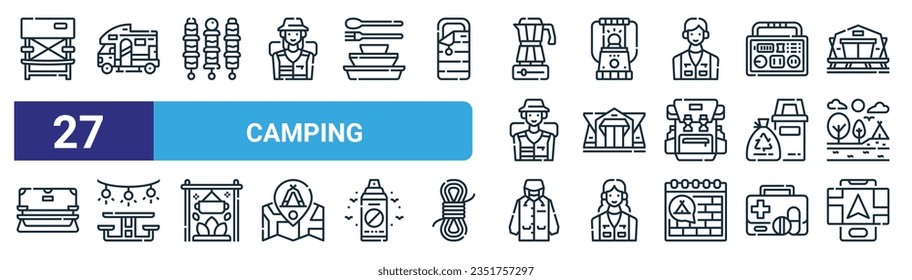 set of 27 outline web camping icons such as camping chair, camper van,  , led lamp, tent, camping table, raincoat, navigation vector thin line icons for web design, mobile app.