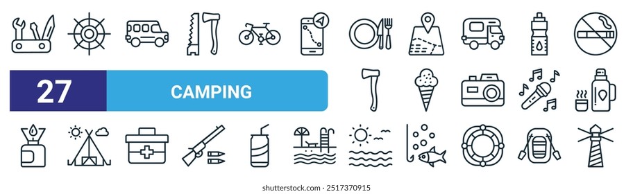 set of 27 outline web camping icons such as toolkit,  , van, map location, ice cream, camping, sun, lighthouse vector thin line icons for web design, mobile app.