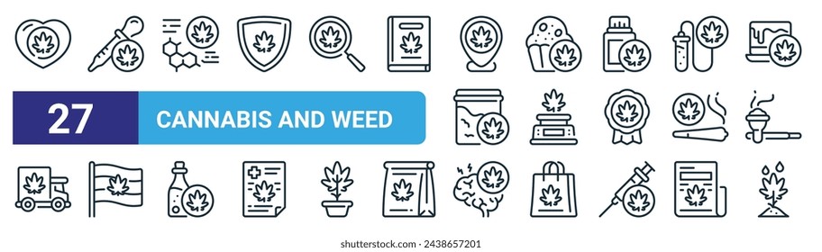 set of 27 outline web cannabis and weed icons such as love, pipette, molecule, muffin, scale, flag, brain, cultivation vector thin line icons for web design, mobile app.