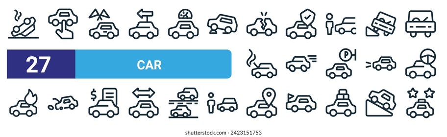 conjunto de 27 iconos de contorno de coche web como coche, coche, vectores de línea delgada iconos para diseño web, aplicación móvil.