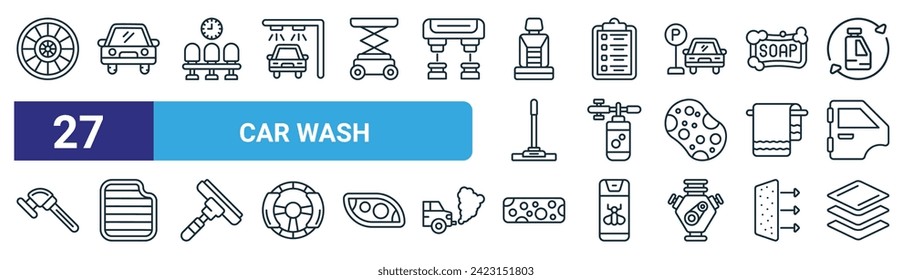 set of 27 outline web car wash icons such as abrasive, car, waiting room, clipboard, foam gun, mat, foam, buffer vector thin line icons for web design, mobile app.