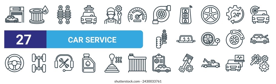 set of 27 outline web car service icons such as repair shop, oil filter, shock absorber, smart key, wiper, chassis, vehicle inspection, troubleshooting vector thin line icons for web design, mobile