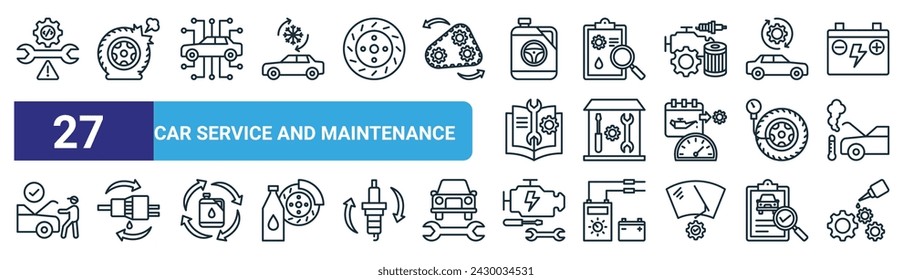 set of 27 outline web car service and maintenance icons such as ting, punctured tire, automotive, inspection, workshop, filter, engine, lubrication vector thin line icons for web design, mobile app.