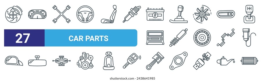 Set von 27 Umriss-Web-Auto-Teile-Symbole wie Bremse, Tachometer, Steckschlüssel, Gangschaltung, Federung, Rückspiegel, Kolben, Luftfilter Vektor dünne Linie-Symbole für Web-Design, mobile App.