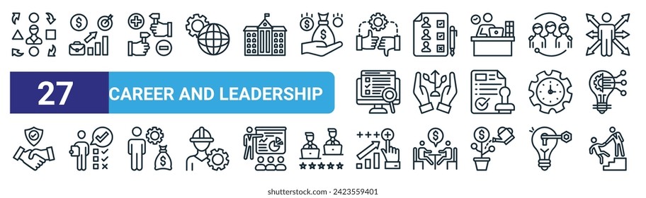 set of 27 outline web career and leadership icons such as adaptation, career, direction, candidates, care, accountability, reinforcement, coaching vector thin line icons for web design, mobile app.