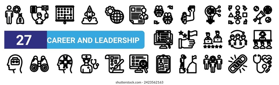 set of 27 outline web career and leadership icons such as money, task, scheme, power, victory, view, performance, health vector thin line icons for web design, mobile app.