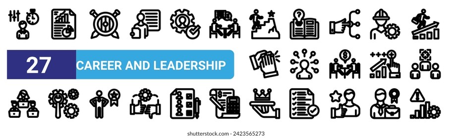 conjunto de 27 íconos de carrera web y liderazgo como cultura, información, valor, información, tareas, servicios, corona, gestión vectorial iconos de línea delgada para diseño web, aplicación móvil.