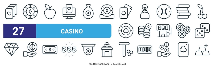 set of 27 outline web casino icons such as card game, poker chip,  , croupier, casino, poker, casino, gold vector thin line icons for web design, mobile app.