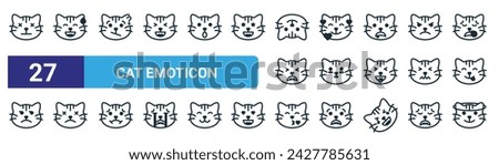 set of 27 outline web cat emoticon icons such as expressionless, sweat, confused, love, embarassed, frown, kiss, angel vector thin line icons for web design, mobile app.