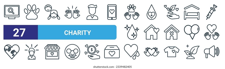 conjunto de 27 íconos de caridad de la web de contorno como investigación, huella de perro, niños felices, donación de sangre, refugio, conciencia, caída de corazón, iconos de línea delgada vectorial de altavoz para diseño web, aplicación móvil.