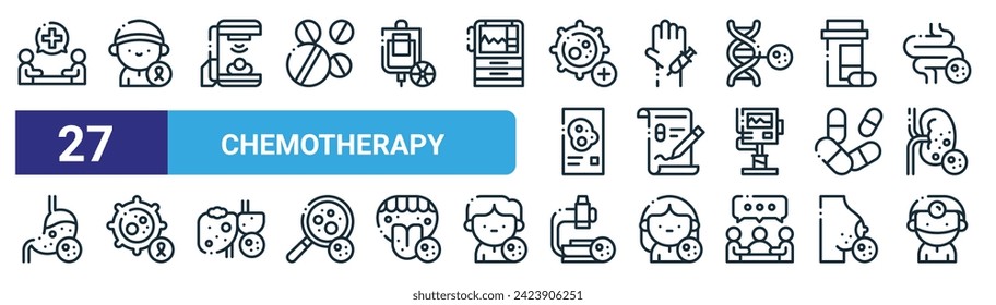 conjunto de 27 iconos de esquema web de quimioterapia como consulta, paciente, quimioterapia, biopsia, prescripción, oncología, microscopio, iconos oncológicos vectoriales delgados para diseño web, aplicación móvil.