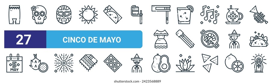 set of 27 outline web cinco de mayo icons such as huehuetl, skull, wrestling, tequila, churros, dragon fruit, avocado, virgen de guadalupe vector thin line icons for web design, mobile app.