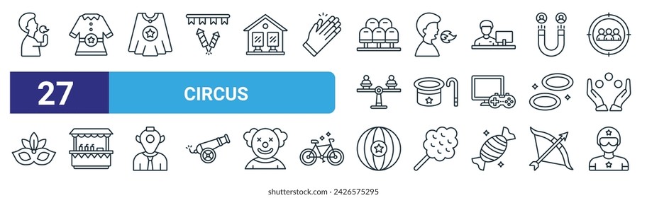 set of 27 outline web circus icons such as fire eater, costume, cape, fire breather, entertainer, county fair, ball,   vector thin line icons for web design, mobile app.