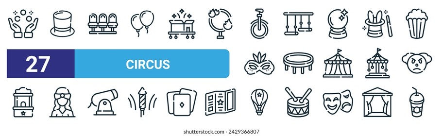 set of 27 outline web circus icons such as juggling ball, top hat, grandstand, trapeze, trampoline, fortune teller, air balloon, soft drink vector thin line icons for web design, mobile app.