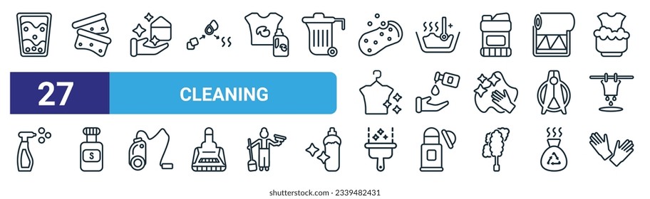 set of 27 outline web cleaning icons such as emulsion, scouring pads, clean-living, hot water, sterilization, solvent, wiper, sanitize vector thin line icons for web design, mobile app.