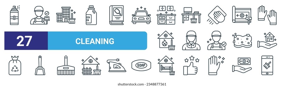 set of 27 outline web cleaning icons such as spray, cleaning service, resort, office, maid, dustpan, airbnb cleaning, app vector thin line icons for web design, mobile app. svg