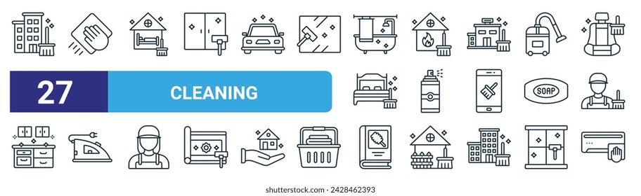 set of 27 outline web cleaning icons such as apartment, wipe, airbnb cleaning, fire, spray, ironing, book, airconditioner vector thin line icons for web design, mobile app. svg