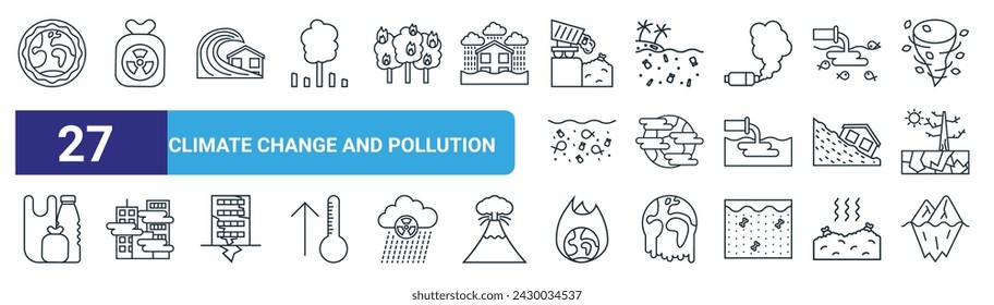 conjunto de 27 iconos de contorno web de cambio climático y contaminación como capa de ozono, ácido, tsunami, plástico, calentamiento, smog, calentamiento, iceberg vector línea delgada iconos para el diseño web, aplicación móvil.