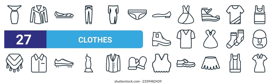 set of 27 outline web clothes icons such as long bandeau dress, leather biker jacket, flat shoes, jersey wrap dress, v neck shirt, formal shirt, brassiere, lyocell shirt dress vector thin line icons