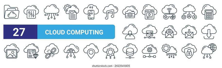 set of 27 outline web cloud computing icons such as folder, adjustment, cloud technology, browser, cloud computing, clean code, database, network vector thin line icons for web design, mobile app.