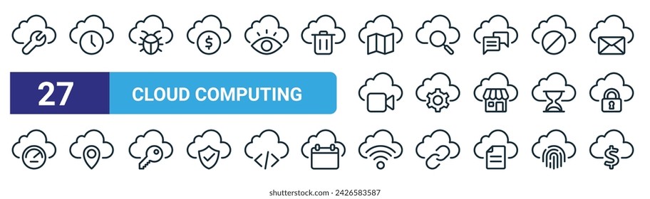 set of 27 outline web cloud computing icons such as wrench, clock, virus, search, gear,  , wifi, money vector thin line icons for web design, mobile app.