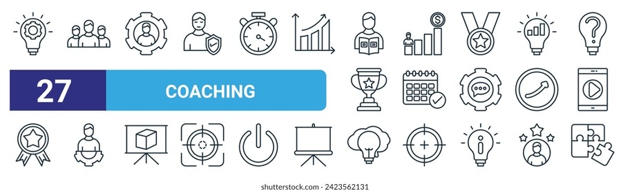 set of 27 outline web coaching icons such as strategy, team, coaching, struggle, schedule, leadership, brainstorm, puzzle vector thin line icons for web design, mobile app.