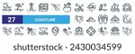 set of 27 outline web coastline icons such as cliff, umbrella, lighthouse, wind, hat, cliff, beach house, sun vector thin line icons for web design, mobile app.