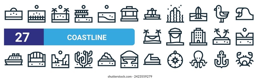 set of 27 outline web coastline icons such as sun, promenade, beach, seaweed, sand bucket, canal,  , crab vector thin line icons for web design, mobile app. svg