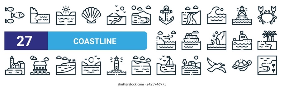 set of 27 outline web coastline icons such as fishes, coastline, cove, coastal road, ship, resort, beach, coastline vector thin line icons for web design, mobile app.